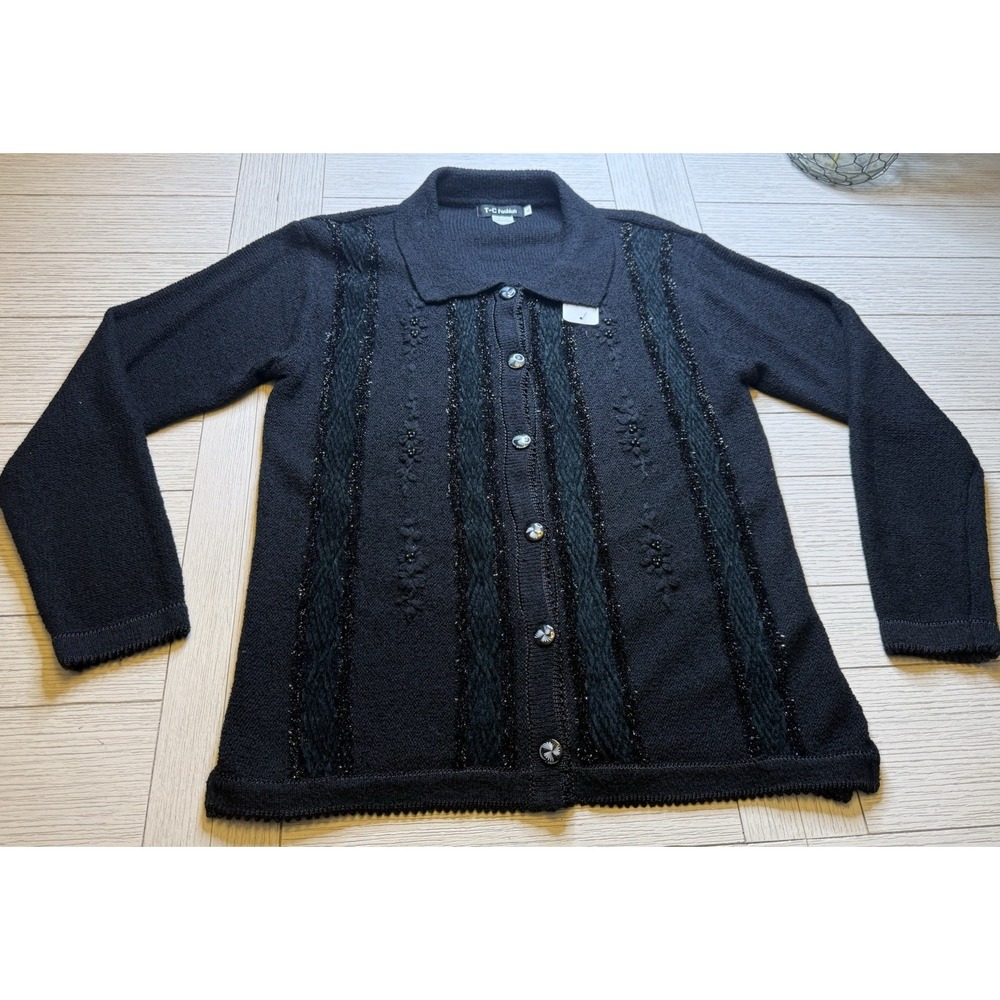 T-C Fashion Women's NWT L Cardigan Beaded Sweater Knit Black Jewel Detail. Party